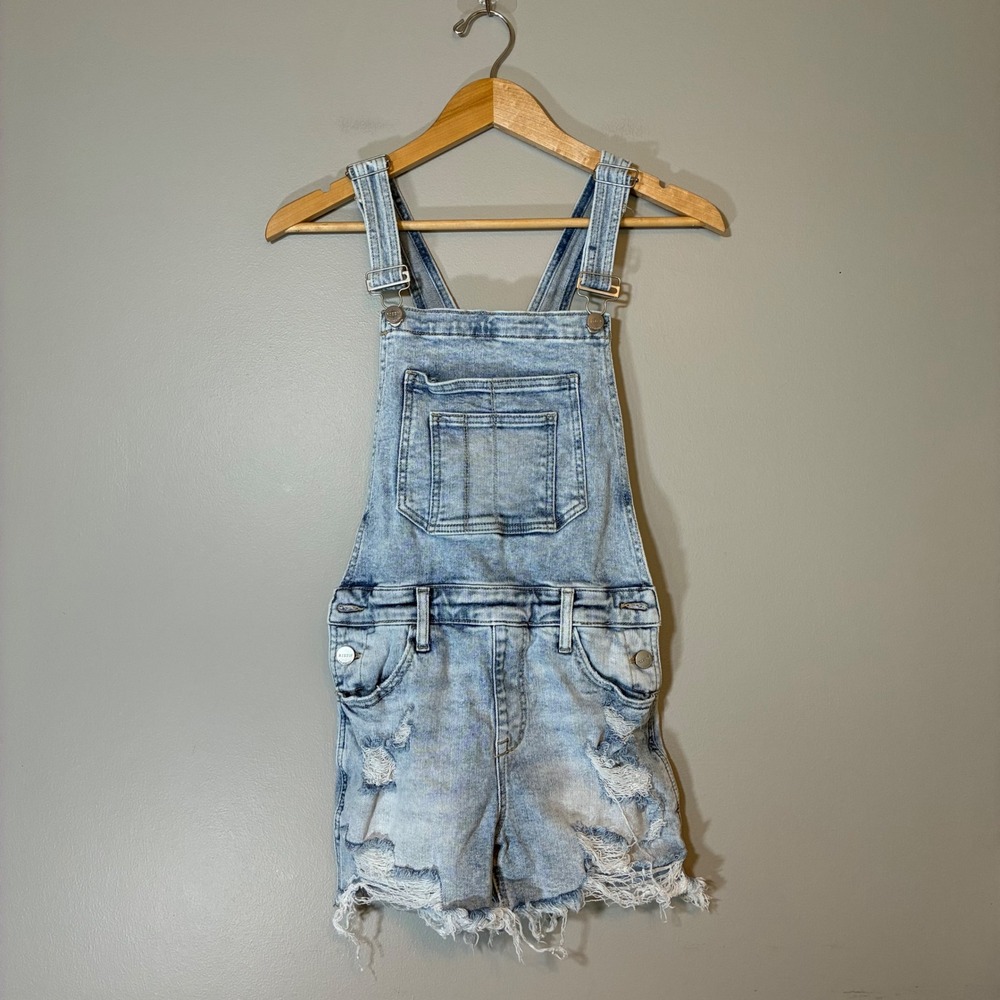 Risen Jeans Light Wash Distressed Denim Shortalls Overalls Small Raw Hem